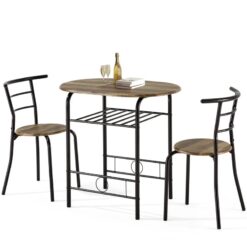 17 Stories 3-Piece Dining Set for 2 – Compact Kitchen Table with Chairs & Wine Rack, Space-Saving Metal Frame, Brown