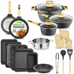 22-Piece Black Marble Cookware & Bakeware Set – Non-Stick, Professional Kitchen Collection with Multi-Sized Pots & Heat-Resistant Tools