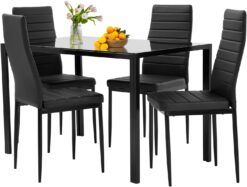 FDW 5-Piece Glass Dining Table Set – Modern Black Table & 4 Chairs for Small Spaces, Kitchen or Dining Room