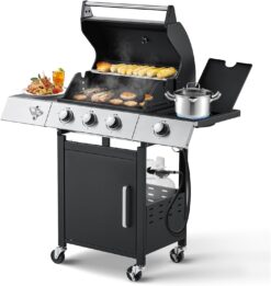 MELLCOM 3-Burner Gas Grill – 36,000 BTU w/ Cast Iron Grates & Side Stove!