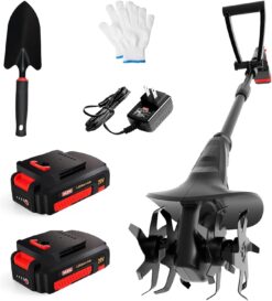 MZK 20V Cordless Garden Tiller – 24 Steel Tines, 7.8” Wide, Mini Cultivator with 2 Batteries & Charger Included