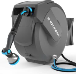 100ft Retractable Garden Hose Reel – Wall Mount, Auto Rewind, 10-Pattern Nozzle, 180° Swivel, Heavy Duty (Dark Grey)