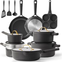 17pcs Non-Stick Cookware Set – Dark Grey with Gold Trim – Premium Pots & Pans for Induction Cooking