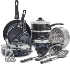 GreenLife 16pc Ceramic Nonstick Cookware Set – PFAS-Free, Stay-Cool Handles, Dishwasher & Oven Safe – Black Diamond