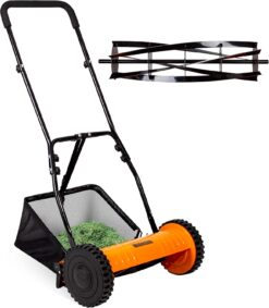 Walensee 16" 5-Blade Manual Reel Lawn Mower – Cordless, Steel Build, Adjustable Height + 7.9 Gal Grass Catcher & Comfy Grip