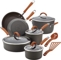 Rachael Ray Cucina 12pc Hard Anodized Nonstick Cookware Set – Dishwasher Safe, Gray with Orange Handles