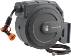 Giraffe Tools 130ft Retractable Garden Hose Reel – 1/2" Heavy Duty, Wall Mount, Any Length Lock, 180° Swivel & Slow Return