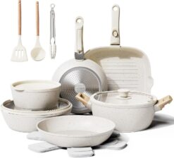 19pcs Non-Stick Ceramic Cookware Set – Removable Handles, Induction, Dishwasher & Oven Safe – Cream White, Non-Toxic