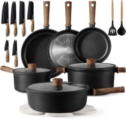 28pcs Non-Stick Cookware & Knife Set – Pots & Pans with Stay-Cool Handles, Silicone Tools & Pot Protectors