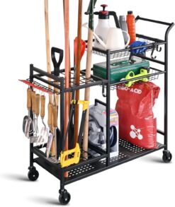 PLKOW Garden Tool Organizer with Wheels – Mobile Rack for Rakes, Shovels & More – Perfect Garage & Outdoor Storage