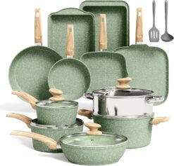 17-Piece Induction Cookware Set – Green Granite Non-Stick Pots & Pans with Griddle for Healthy Cooking