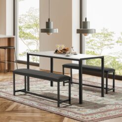 Faux Marble Dining Table Set for 4 – Modern Space-Saving Table with PU Leather Benches & Sturdy Metal Frame, White