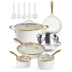 Gotham Steel Naturals Cream 15-Piece Heavy Duty Nonstick Ceramic Cookware Set with Cooking Utensils