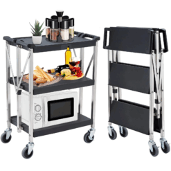 3-Tier Folding Service Cart – Collapsible Rolling Utility Cart with 330 lbs Load Capacity for Office, Home & Warehouse