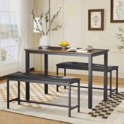 Prestia Industrial Dining Table Set – Rustic Brown Table with PU Upholstered Benches, Space-Saving Design