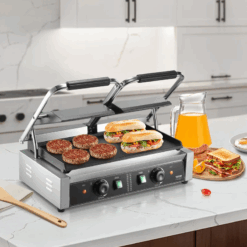 3600W Commercial Panini Grill – Stainless Steel Double Press with Temp Control for Perfect Sandwiches & Grilled Meats