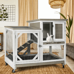 Indoor Bunny Hutch for Rabbits & Guinea Pigs - Large Outdoor Cage with Wheels (Mocca, No Wire Bottom)