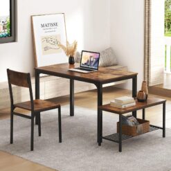 Pickell 4-Person Dining Table Set – Includes 2 Chairs with Backrest & Bench with Storage Rack