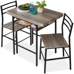 Ankie 3-Piece Modern Dining Set – Square Table & Chairs with Steel Frame and Built-In Storage Rack